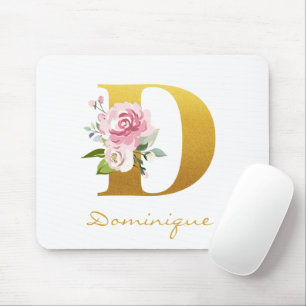 Tapis De Souris Monogramme floral faux or nom initial personnalisé
