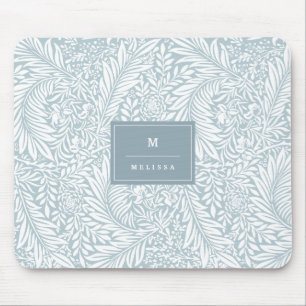 Tapis De Souris Monogramme Floral Foliage Dusty Bleu Blanc Élégant