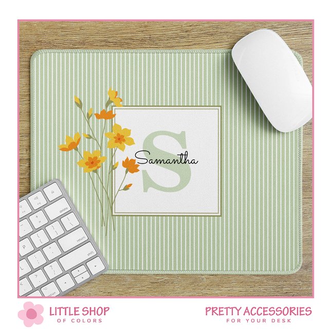 Tapis De Souris Monogramme floral jaune et rayures vertes (Créateur téléchargé)