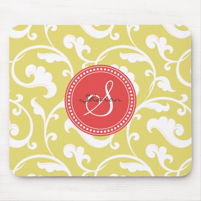 Tapis De Souris Monogramme floral jaune girly élégant de motif (Devant)