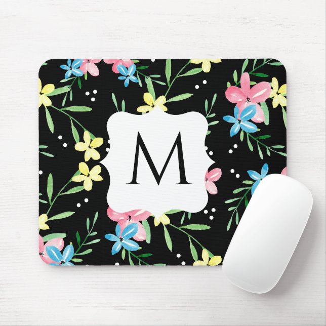 Tapis De Souris Monogramme floral noir (Avec souris)