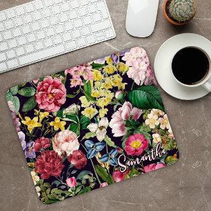 Tapis De Souris Monogramme floral noir rose vintage