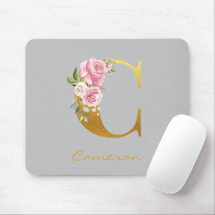 Tapis De Souris Monogramme floral nom initial personnalisé or