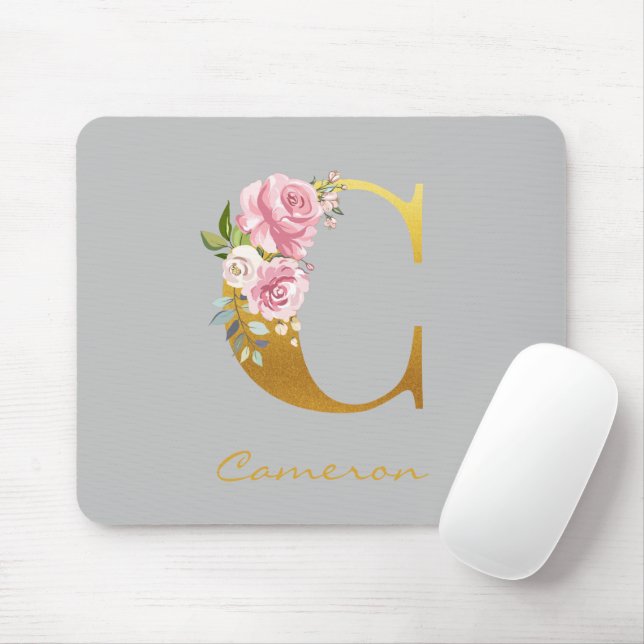 Tapis De Souris Monogramme floral nom initial personnalisé or (Avec souris)