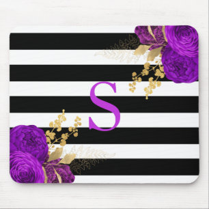 Tapis De Souris Monogramme floral or et violet à rayures noires et