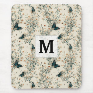 Tapis De Souris Monogramme Floral Papillon Bleu Vintage