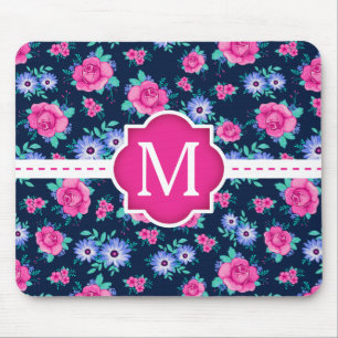 Tapis De Souris Monogramme floral rose de coutume de motif de