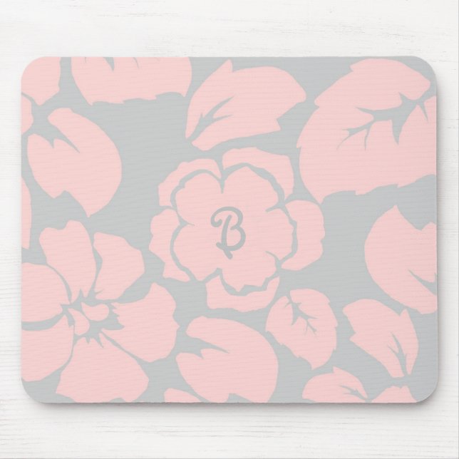 Tapis De Souris Monogramme floral rose et gris pastel (Devant)