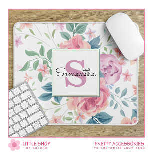 Tapis De Souris Monogramme floral rose personnalisable