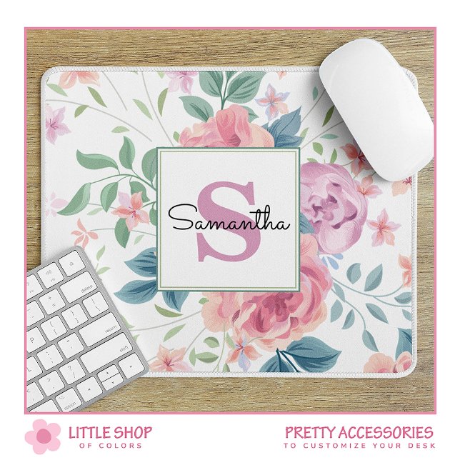 Tapis De Souris Monogramme floral rose personnalisable (Créateur téléchargé)
