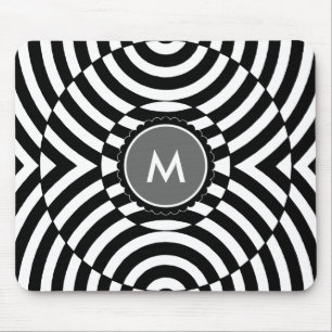 Tapis De Souris Monogramme géométrique noir et blanc d'illusion