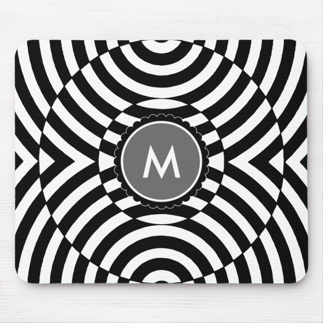 Tapis De Souris Monogramme géométrique noir et blanc d'illusion (Devant)