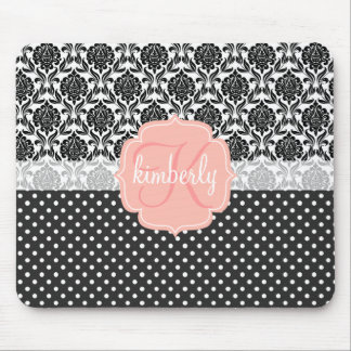 Tapis De Souris Monogramme Girly élégant de rose noir et blanc de