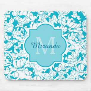 Tapis De Souris Monogramme Girly floral de turquoise moderne avec
