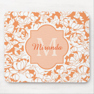 Tapis De Souris Monogramme Girly floral orange moderne avec le nom
