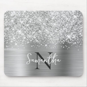 Tapis De Souris Monogramme Glittery Silver Grey Glam