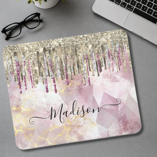 Tapis De Souris Monogramme gouttes de paillettes dorées roses chic