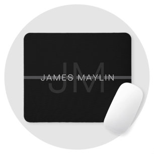 Tapis De Souris Monogramme gris foncé, nom et rayure géométrique