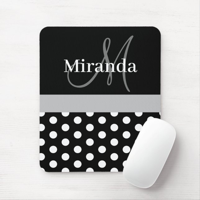 Tapis De Souris Monogramme gris Noir Blanc Polka Dot Souris (Avec souris)