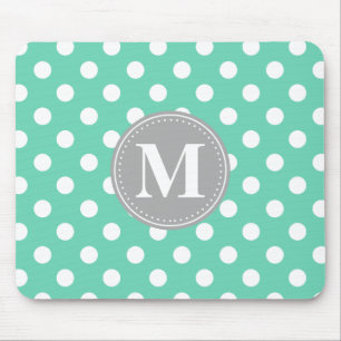 Tapis De Souris Monogramme gris Pois blanc et menthe