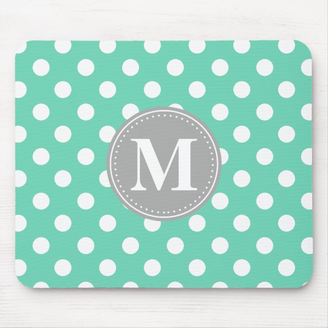 Tapis De Souris Monogramme gris Pois blanc et menthe (Devant)