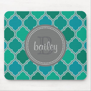 Tapis De Souris Monogramme Gris Turquoise moderne treillis Motif