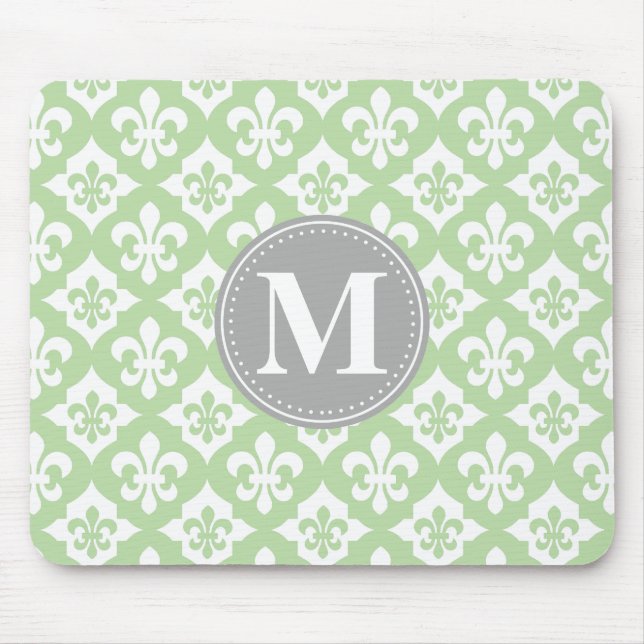 Tapis De Souris Monogramme gris vert à la menthe de fleur de lis (Devant)