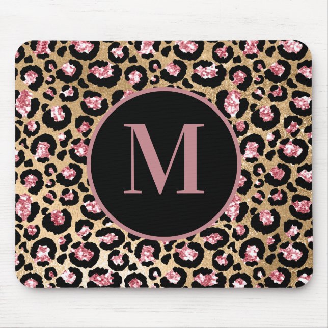 Tapis De Souris Monogramme Imprimé Léopard Guépard Rose Noir Éléga (Devant)