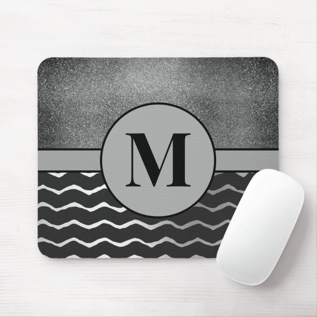 Tapis De Souris Monogramme Initial Argent Pailleté Chevron Noir (Avec souris)