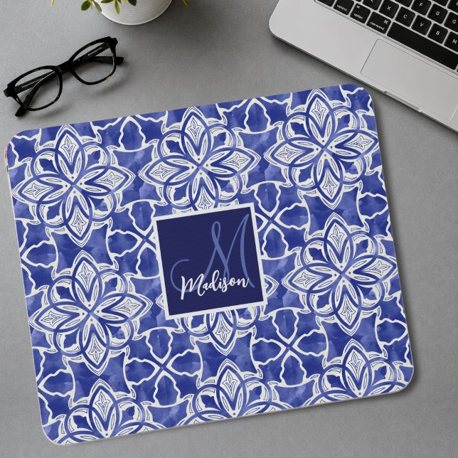 Tapis De Souris Monogramme Initial Chic Fille Bleu Gris (Créateur téléchargé)
