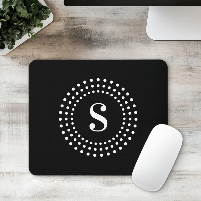 Tapis De Souris Monogramme initial des points radiaux rétro sur le (Monogram initial retro radial dots on black mouse pad)
