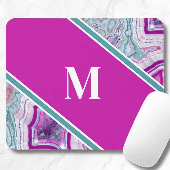 Tapis De Souris Monogramme Initial Élégant Agate (Girly Teal Purple Agate Stone Initial Monogram Mouse Pad)