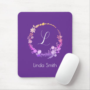 Tapis De Souris Monogramme Initial Élégant Nom Personnalisé Floral