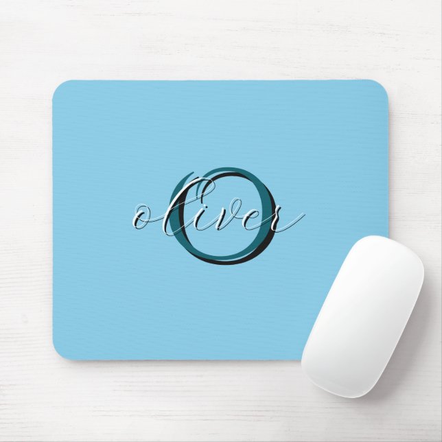 Tapis De Souris Monogramme Initial et Nom Personnalisé Bleu Ciel (Avec souris)
