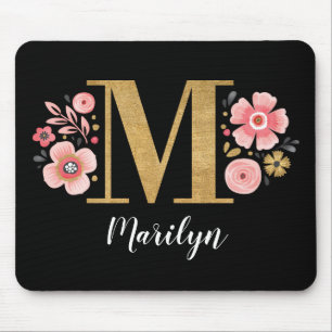 Tapis De Souris Monogramme initial Floral noir