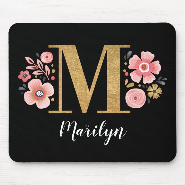 Tapis De Souris Monogramme initial Floral noir (Devant)