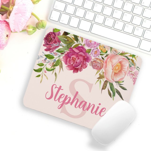 Tapis De Souris Monogramme Initial Nom Floral Rose Élégant de Verd (Créateur téléchargé)