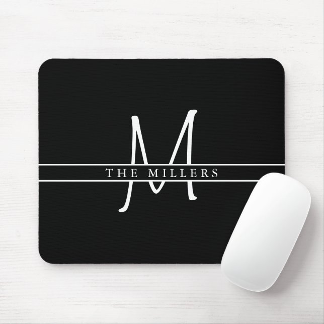 Tapis De Souris Monogramme Initial Scindé Script, Noir Personnalis (Avec souris)