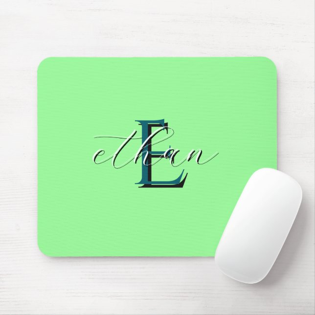 Tapis De Souris Monogramme Initiale et Nom Personnalisés Vert Ment (Avec souris)