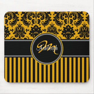Tapis De Souris Monogramme Jaune Noir Blancs Frappe Damas Mousepad
