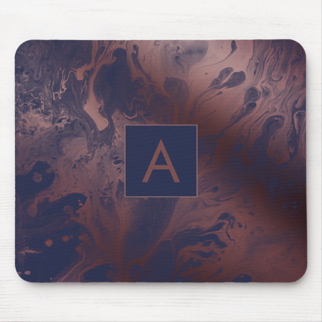 Tapis De Souris Monogramme Marbré Moderne Gras Rose Doré et Navy (Devant)