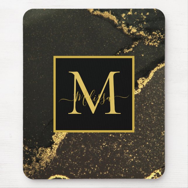 Tapis De Souris Monogramme marbré noir et or moderne (Devant)