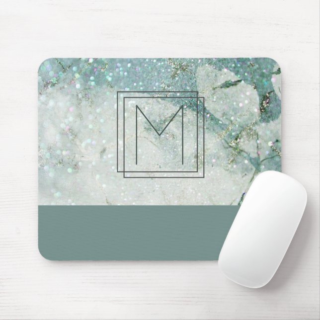 Tapis De Souris Monogramme Marbre Vert Sarcelle Paillettes Monogra (Avec souris)