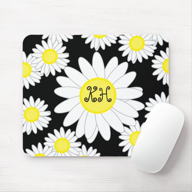 Tapis De Souris Monogramme marguerrier noir blanc et jaune (Avec souris)