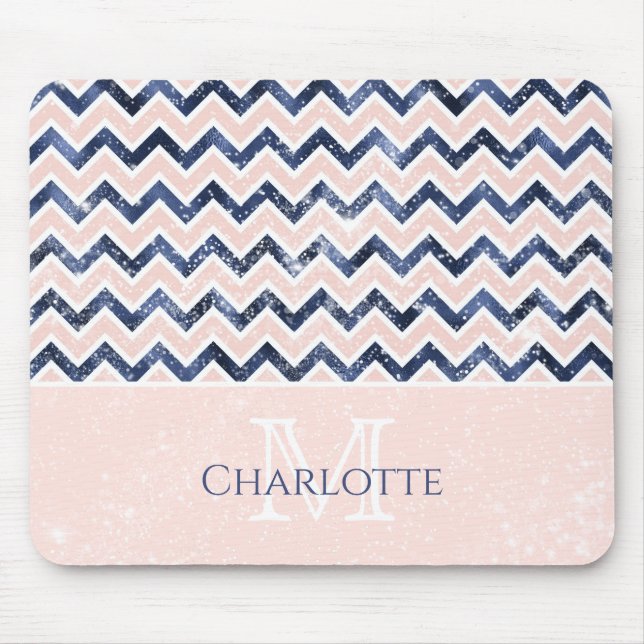 Tapis De Souris Monogramme Marine Blue Blush Pink Nom (Devant)