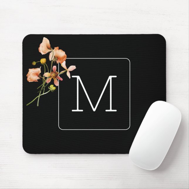 Tapis De Souris Monogramme minimaliste Floral noir (Avec souris)