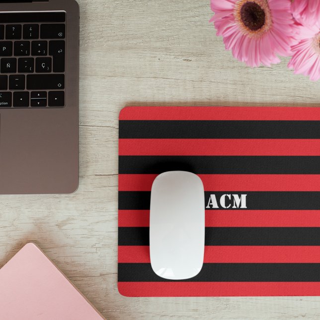 Tapis De Souris Monogramme Moderne Bandes Noires et Rouges (Créateur téléchargé)