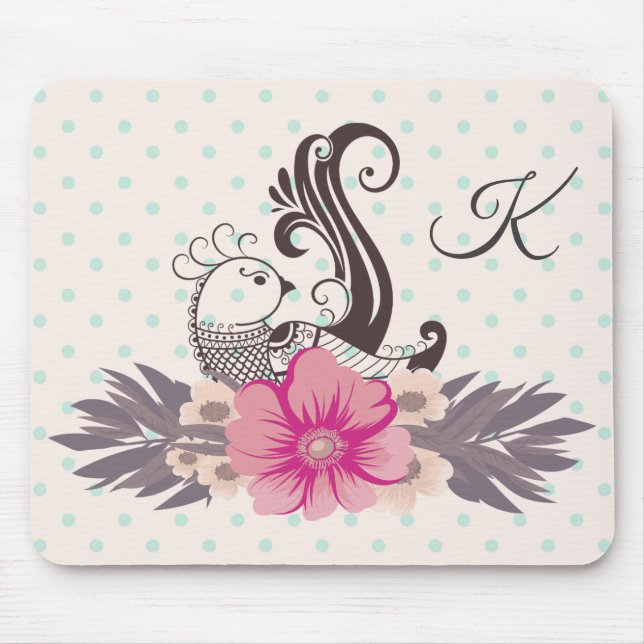 Tapis De Souris Monogramme moderne Bird and Flora Dotty (Devant)