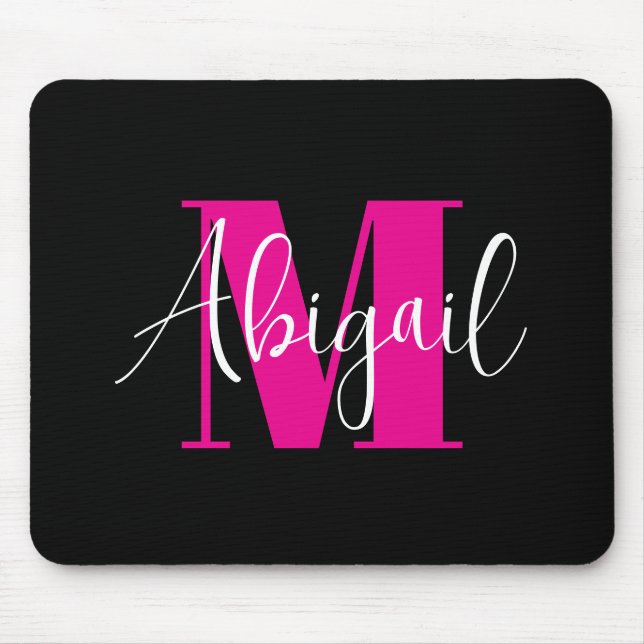 Tapis De Souris Monogramme moderne blanc et rose vif noir (Devant)