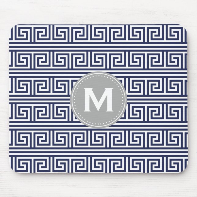 Tapis De Souris Monogramme Moderne Bleu foncé Grèce Motif clé (Devant)
